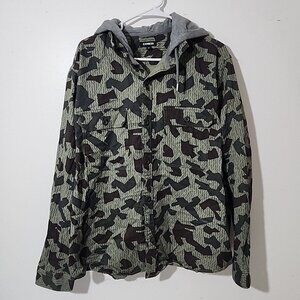 Express Hooded Scatter Light Field Jacket Mens XL Green Camouflage Button Up